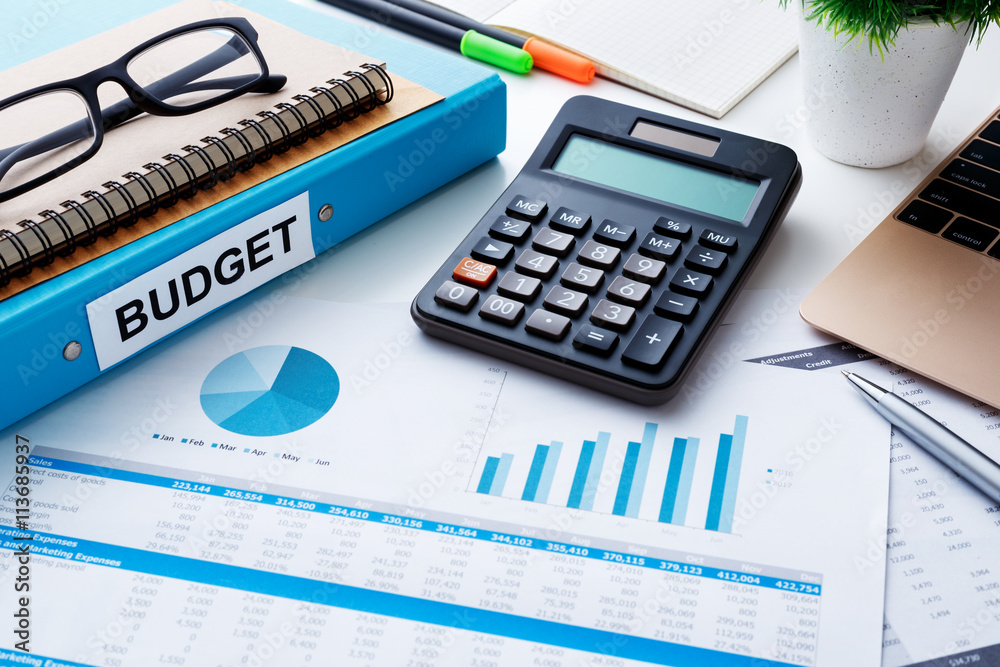 Budget planning tools including a calculator, charts, and a budget binder