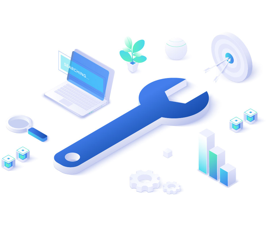 Illustration of tools for financial planning, including a wrench, charts, and a target for goal setting