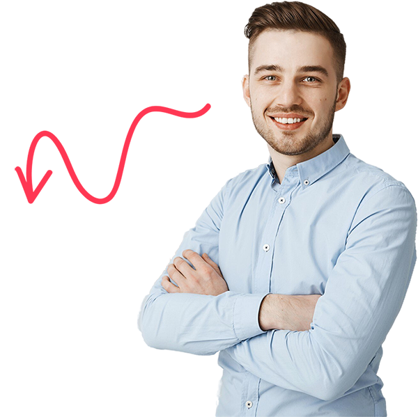 Smiling man with a red upward trend line, symbolizing financial growth and success